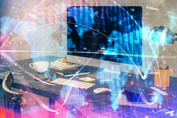 Multi exposure of business theme icons and table with computer background. Concept of success.
