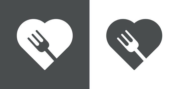 Comida sana. Cena rom&aacute;ntica. Icono plano coraz&oacute;n con tenedor en fondo gris y fondo blanco
