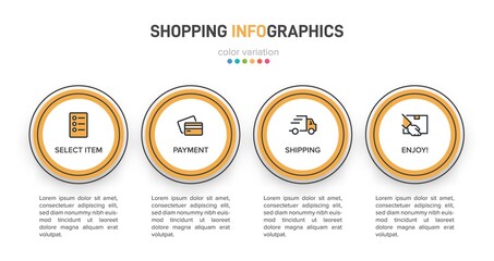 Concept of shopping process with 4 successive steps. Four colorful graphic elements. Timeline design for brochure, presentation, web site. Infographic design layout.