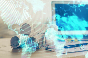 Multi exposure of business theme icons and table with computer background. Concept of success.