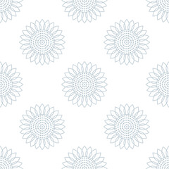 Sunflowers. Vector seamless pattern. Simple flat style. Abstract gray elements on a white background. For backdrops decoration, banners, packings, textiles, paper, fabrics, and more creatives designs.