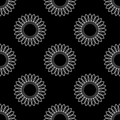 Sunflowers. Vector seamless pattern. Simple style. The white outline of elements on a black background. For backdrops decoration, banners, textiles, paper, fabrics, prints, and more creatives designs.