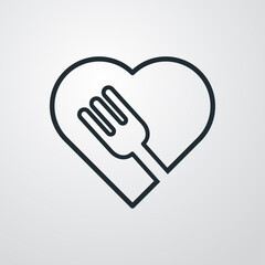 Comida sana. Cena romántica. Icono plano lineal corazón con tenedor en fondo gris