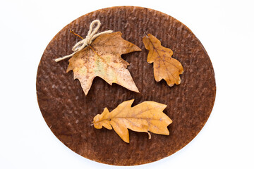 autumn composition. original message concept. autumn leaf and pen on a brown background