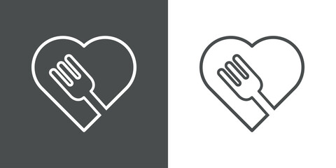 Comida sana. Cena romántica. Icono plano lineal corazón con tenedor en fondo gris y fondo blanco © teracreonte