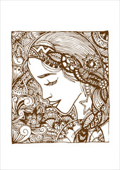Woman and flower. Aquarius zodiac sign. Zentangle art. Coloring book. Coloring page.
