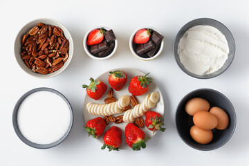 Ingredients for brownies/chocolate muffins/chocolate cupcakes: flower, sugar, eggs, chocolate, pecans, banana and strawberries