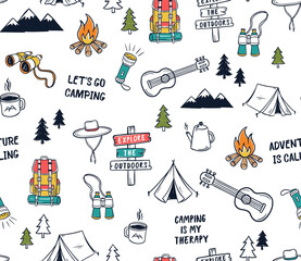 Hand drawn camping elements seamless pattern. Camping background. Camping doodle illustration. Vector illustration. Seamless pattern with cartoon camp bag, guitars, mugs, Camping tents , slogans.