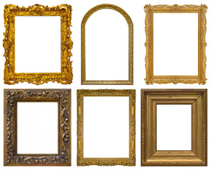 Set of golden frames for paintings, mirrors or photo isolated on white background