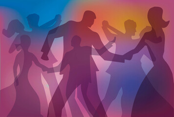 
Ballroom dancing, dance party colorful background.
 Colorful background with silhouettes of dancing youngcouples. Vector available.