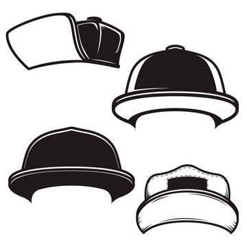 Set of illustrations of baseball caps. Design element for logo, emblem, sign, poster, card, banner. Vector illustration