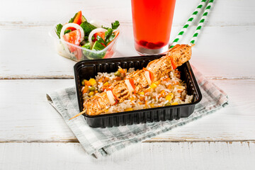 Barbecue, pilaf, salad juice for lunch, delivery