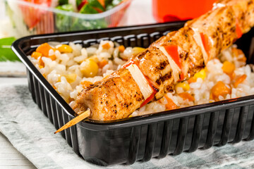 Barbecue, pilaf, salad juice for lunch, delivery
