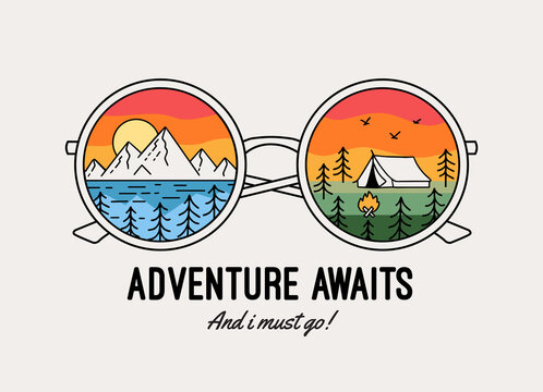 Adventure awaits text with mountains and camping theme illustrations in glasses. Vector graphic for t-shirt prints, posters and other uses.