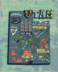 Illustrated map of  Utah state, USA. Travel and attractions. Souvenir print