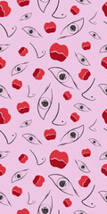 Fashion seamless pattern. Sketch brush style, hand drawn illustration of nose, eyes, red lips. Vector