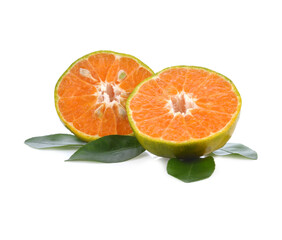 tangerine or mandarin fruit with leaves isolated on white background