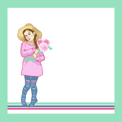 girl in a summer hat with roses
