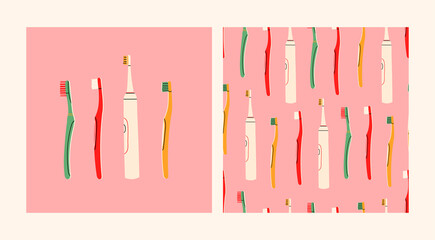 Mouth cleaning tools. Set of various isolated Toothbrushes and seamless pattern. Dental hygiene, Oral care, healthcare concept. Side view. Hand drawn colored Vector illustrations