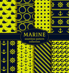 Set of sea and nautical backgrounds in dark blue and green colors. Sea theme. Seamless patterns collection. Vector illustration.