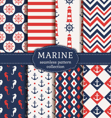 Set of marine and nautical backgrounds. Sea theme. Seamless patterns collection. Vector illustration.