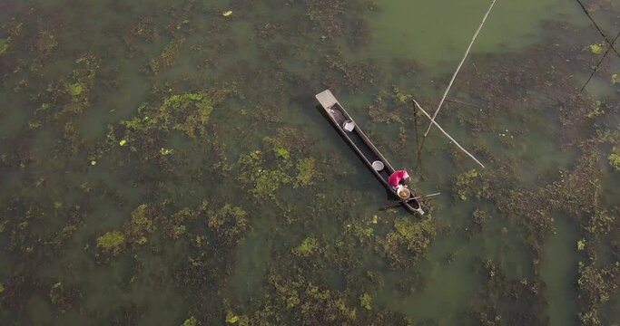Fisherman Fishing On The Loktak Lake On A Sunny Day In Moirang, Manipur, Northeast India.  - aerial drone