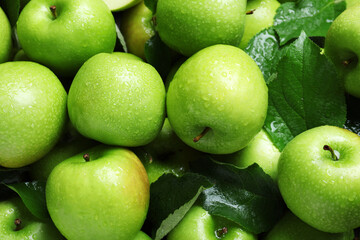 Pile of wet green apples with leaves as background, closeup