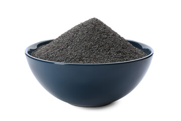 Poppy seeds in ceramic bowl isolated on white