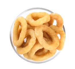 Delicious onion rings in bowl isolated on white, top view