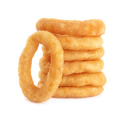 Delicious golden onion rings isolated on white
