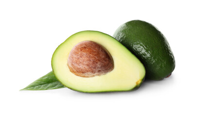 Whole and cut avocados isolated on white