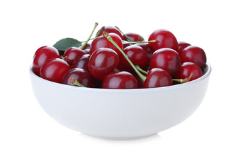 Sweet juicy cherries in bowl isolated on white