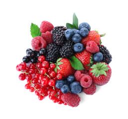 Mix of different fresh berries isolated on white, top view
