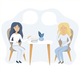 Vector flat cartoon design two young women, sitting in cafe on brown armchairs at the table with books and flower pot, talking with speech bubbles, smiling, isolated on white background