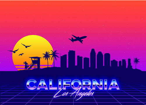 Los Angeles California USA Skyline Synthwave Vaporwave Retro Vactor Graphic Palms