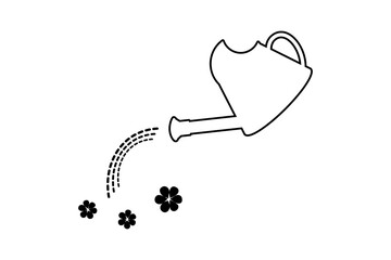 Watering can  icon, water drops, black fill flowers, outline flat design symbol, isolated elements. White background. Vector