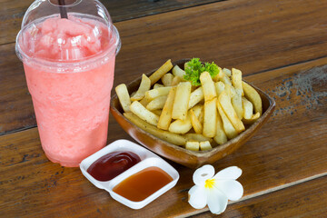 French fries and Strawberry smoothie.