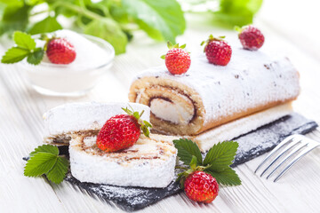 tasty strawberry dessert on a slate board on a white wooden table. Homemade Fresh Baking