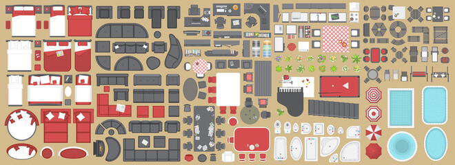 Icons set of interior. Furniture top view. Elements for the floor plan. (view from above). Furniture and elements for living room, bedroom, kitchen, bathroom, office.