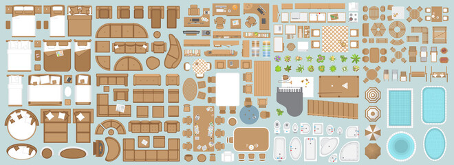 Icons set of interior. Furniture top view. Elements for the floor plan. (view from above). Furniture and elements for living room, bedroom, kitchen, bathroom, office.