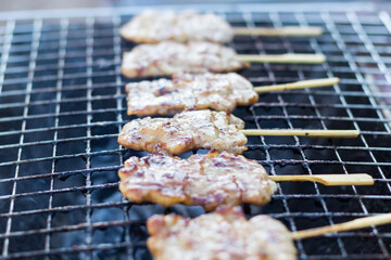 Close-up of grilled pork with sweet spicy sauce and sticky rice on plate: Thai street food.