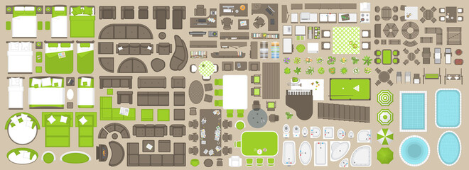 Icons set of interior. Furniture top view. Elements for the floor plan. (view from above). Furniture and elements for living room, bedroom, kitchen, bathroom, office.