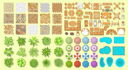 Collection for landscape design, plan, maps. (Top view) Palms, swimming pools, pavement, umbrellas, furniture. (View from above) 