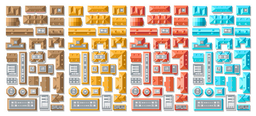 Vector set. Roofs of houses of different colors. Top view. Cityscape map or plan design collection. © Алексей Шпадарук