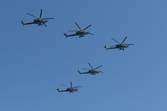 A group of Mi-28N "Night hunter" attack helicopters in the sky over Moscow during the parade dedicated to the 75th anniversary of victory In the great Patriotic war