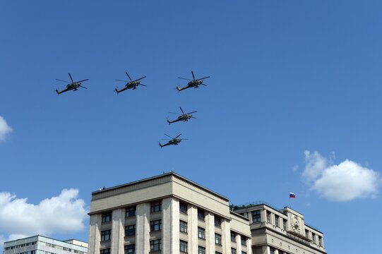 A group of Mi-28N "Night hunter" attack helicopters in the sky over Moscow during the parade dedicated to the 75th anniversary of victory In the great Patriotic war