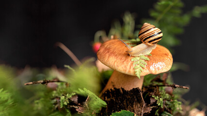 snail with a striped shell sits on the cap of a large boletus mushroom