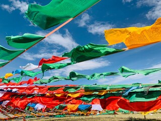 Low Angle View Of Praying Flags Hanging Against Sky