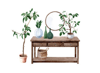 Hand drawn watercolor illustration of entrance composition with black wooden console table, a mirror,  potted house plants and decor. Cosy home decor items. Isolated objects on white background.