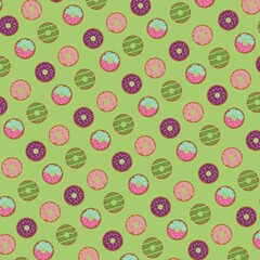 Donuts seamless pattern on green background. Flat design. Cute sweet food background. Colorful design for textile, wallpaper, fabric, decor. 